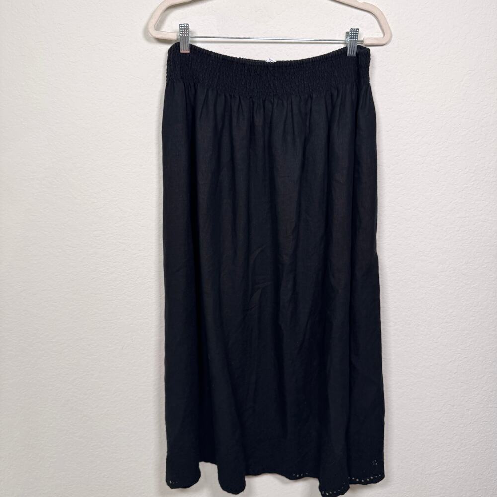Chico's Womens 100% Linen Midi Skirt Size 8 Embroidered Smocked Neutral Black